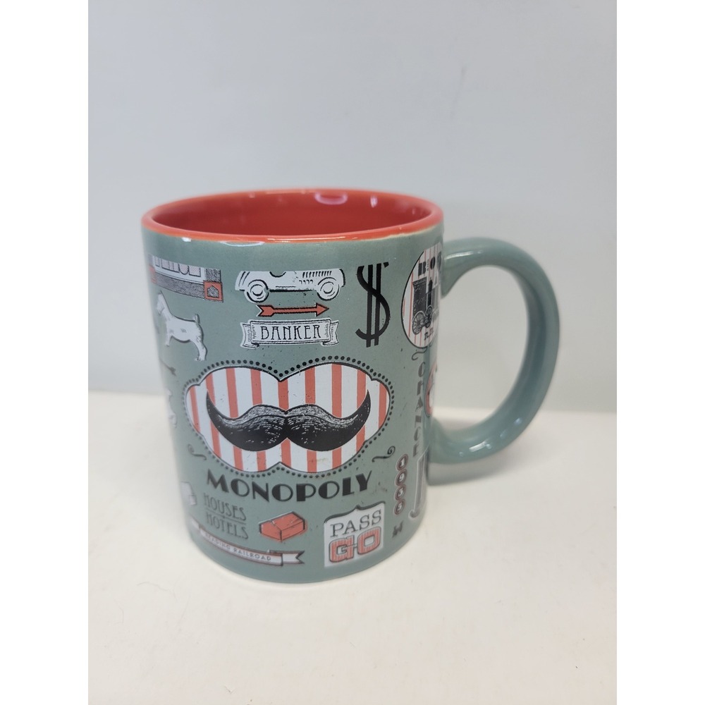 Hasbro Monopoly Board Game Ceramic Coffee‎ Mug Sage Green Orange 2015 Retro